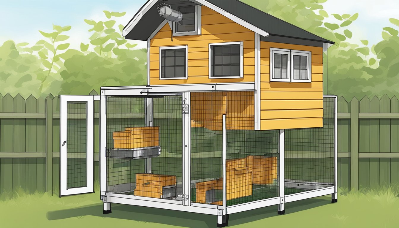 A compact urban chicken coop with stacked nesting boxes, hanging feeders, and a vertical roosting area