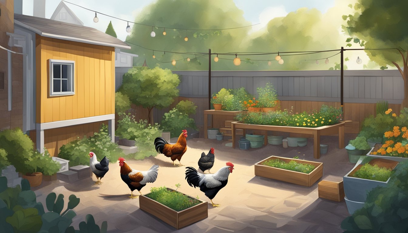 A small urban backyard with a coop, raised garden beds, hanging feeders, and a dust bath area. Chickens roam freely in the space