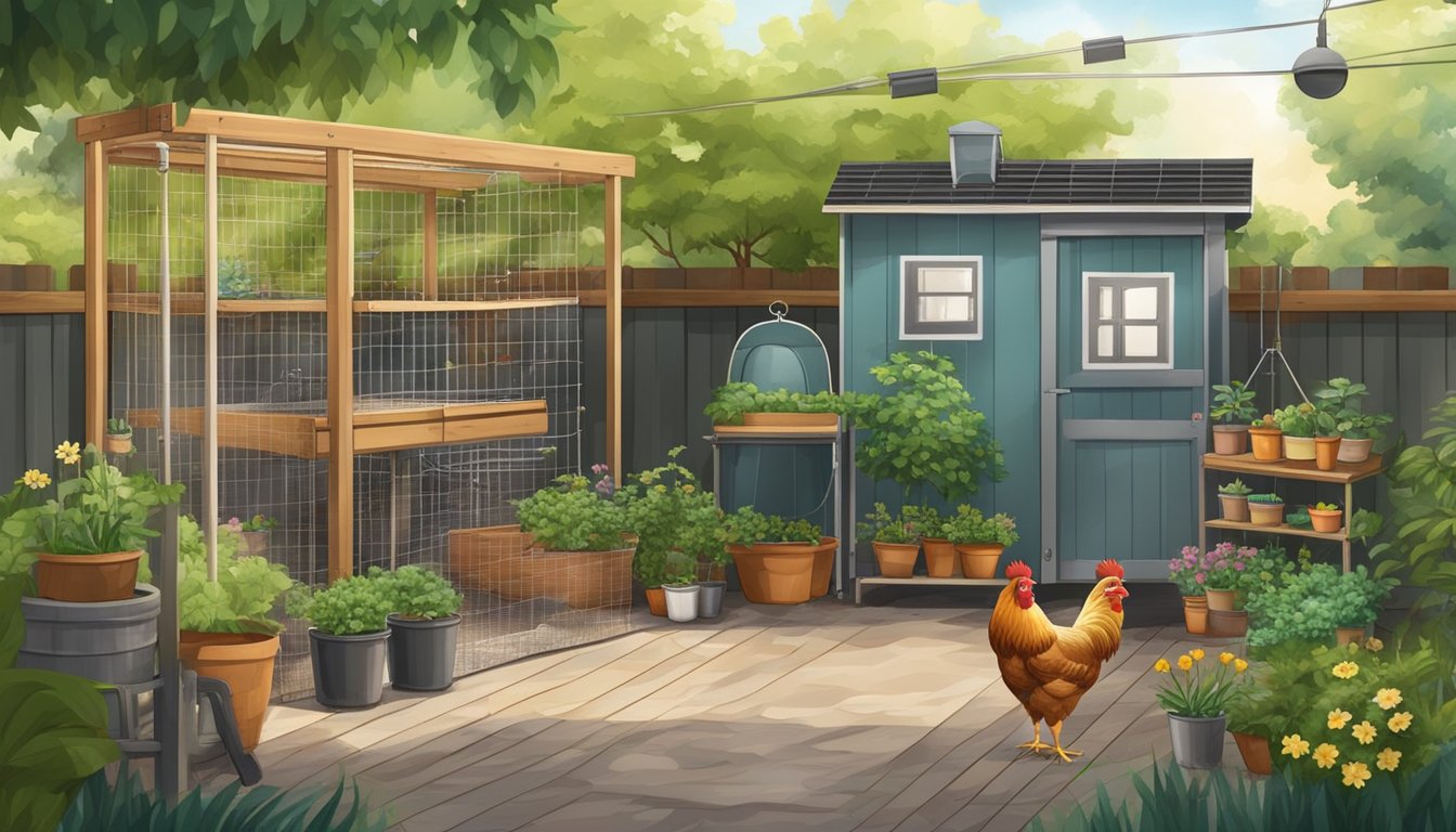 A small urban backyard with hanging feeders and waterers for chickens, surrounded by potted plants and a cozy coop