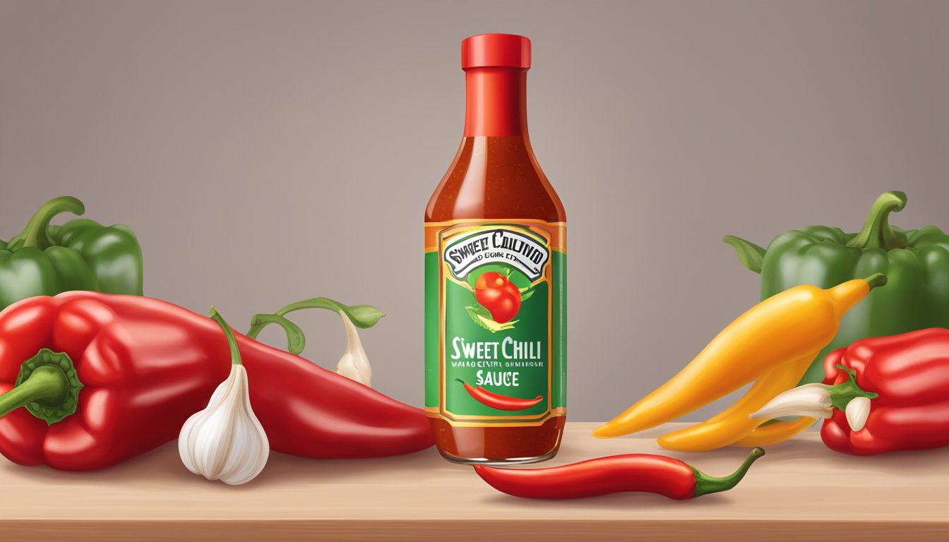 A bottle of sweet chili sauce sits on a kitchen counter, surrounded by fresh chili peppers and garlic cloves. The label shows the expiration date