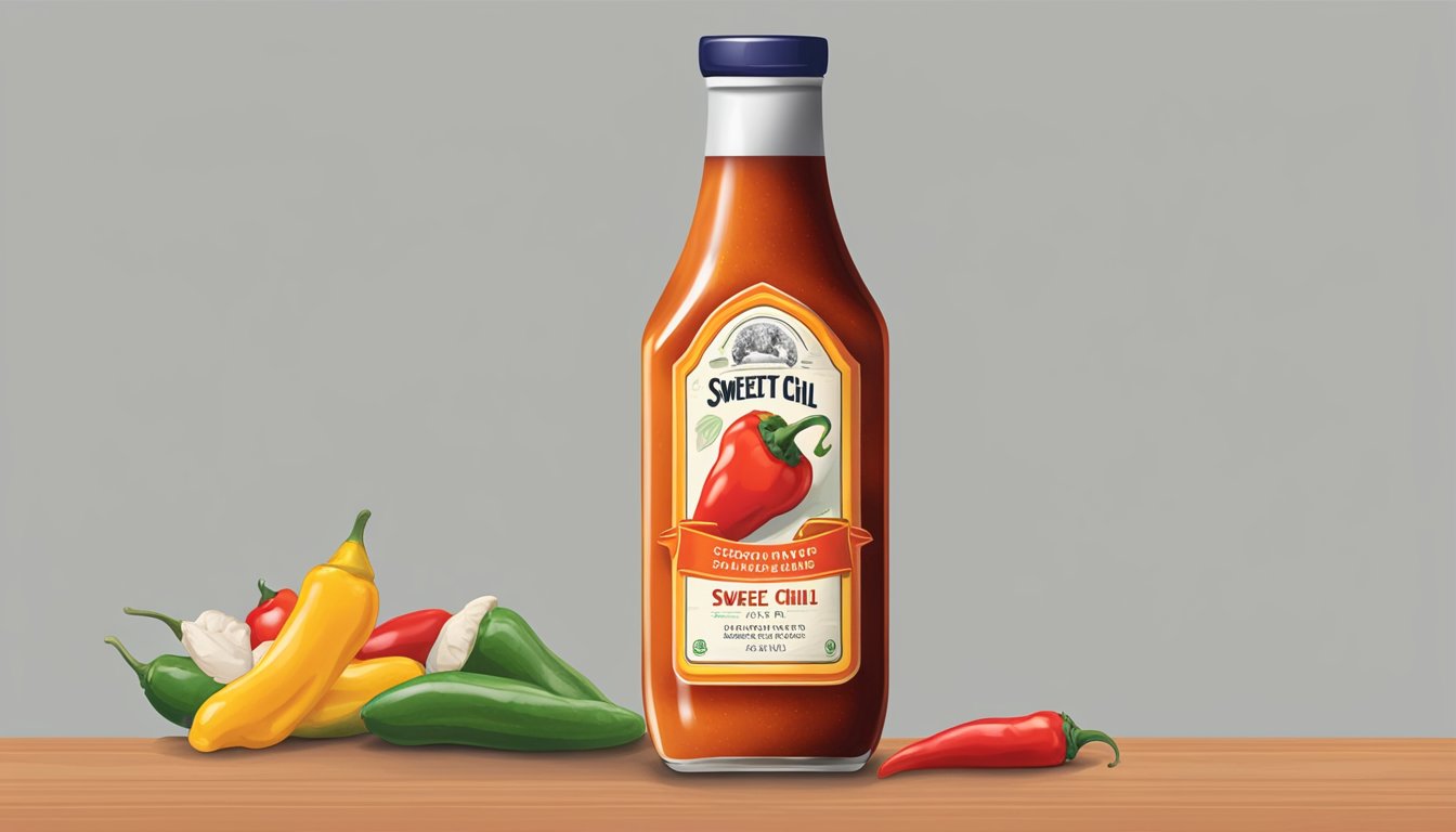 A bottle of sweet chili sauce sits on a shelf, surrounded by other condiments. The label indicates the expiration date, and the sauce appears unopened and well-preserved