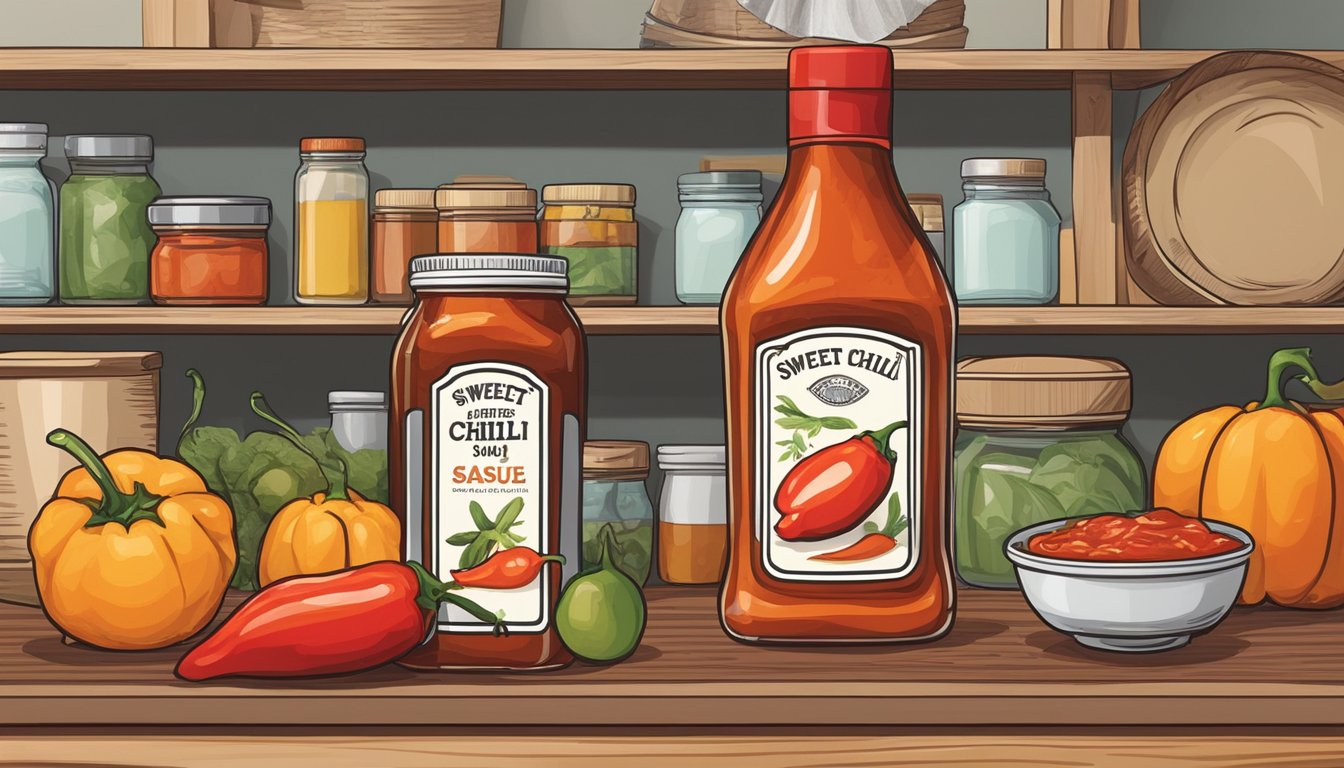 A bottle of sweet chili sauce sits on a kitchen shelf, surrounded by various food items. The label shows the expiration date