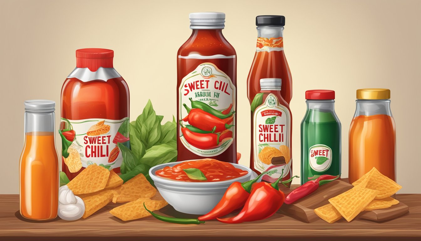 A bottle of sweet chili sauce with a visible expiration date on the label, surrounded by various food items