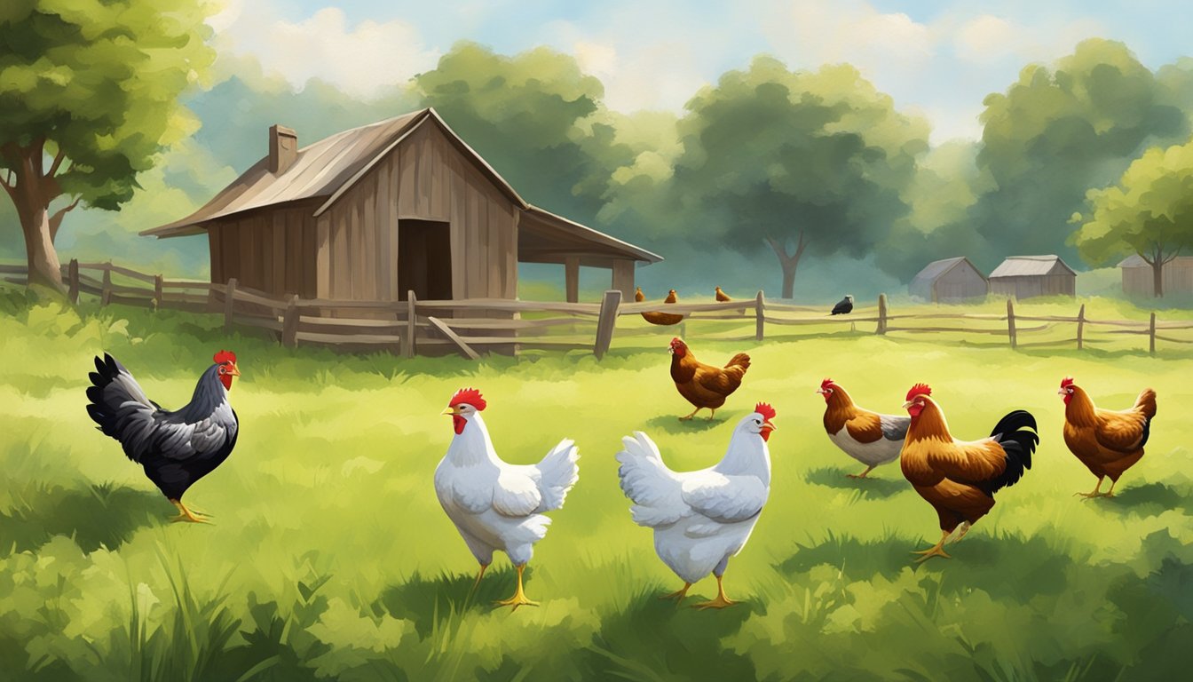 A small flock of chickens roam freely in a lush, open pasture, pecking at the ground and enjoying the sunshine. Surrounding them are simple, cost-effective coops and feeding stations