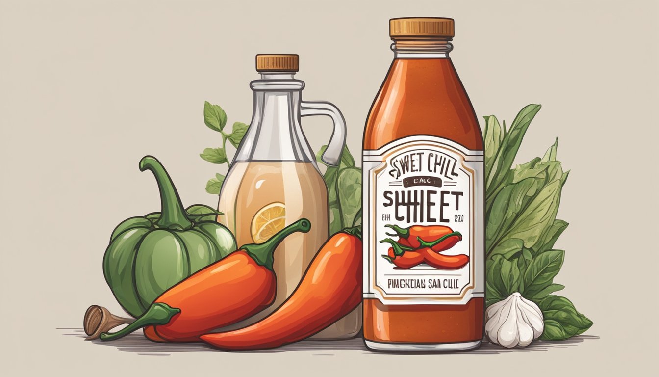 A bottle of sweet chili sauce sits on a kitchen counter, surrounded by fresh ingredients and cooking utensils. The label indicates the expiration date