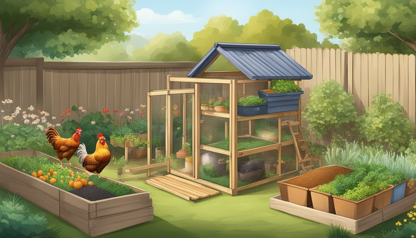 A small backyard with a chicken coop, a garden with vegetables, and various containers of homemade chicken feed ingredients like grains, seeds, and mealworms