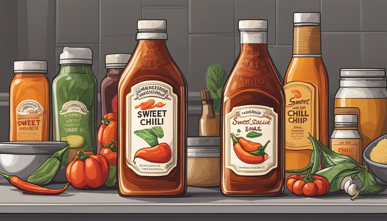 A bottle of sweet chili sauce sits on a kitchen counter, surrounded by various ingredients and condiments. The label on the bottle indicates the expiration date