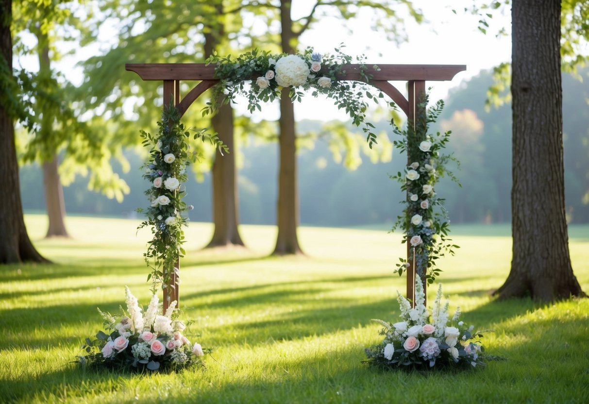 A serene outdoor setting with a simple wooden arch adorned with fresh flowers, surrounded by tall trees and soft sunlight filtering through the leaves