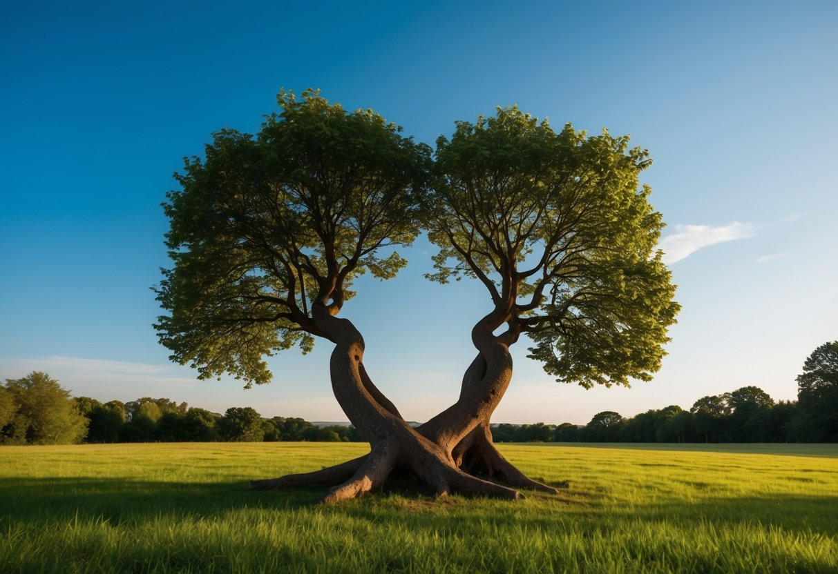 A serene outdoor setting with two intertwined trees, symbolizing unity, under a clear blue sky with a gentle breeze