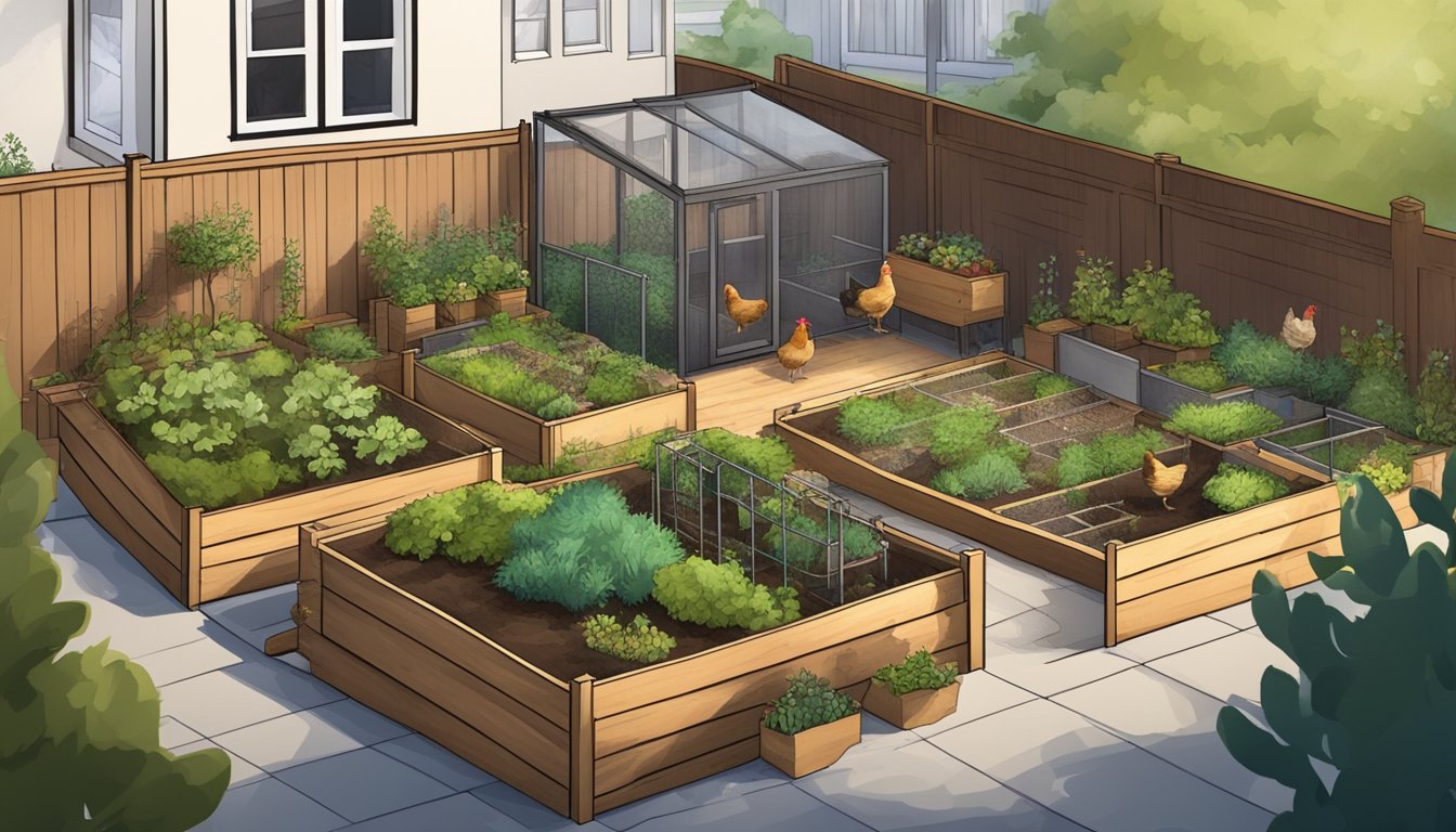 A small urban backyard with a coop and run, raised garden beds, compost area, and chickens freely roaming within a limited space