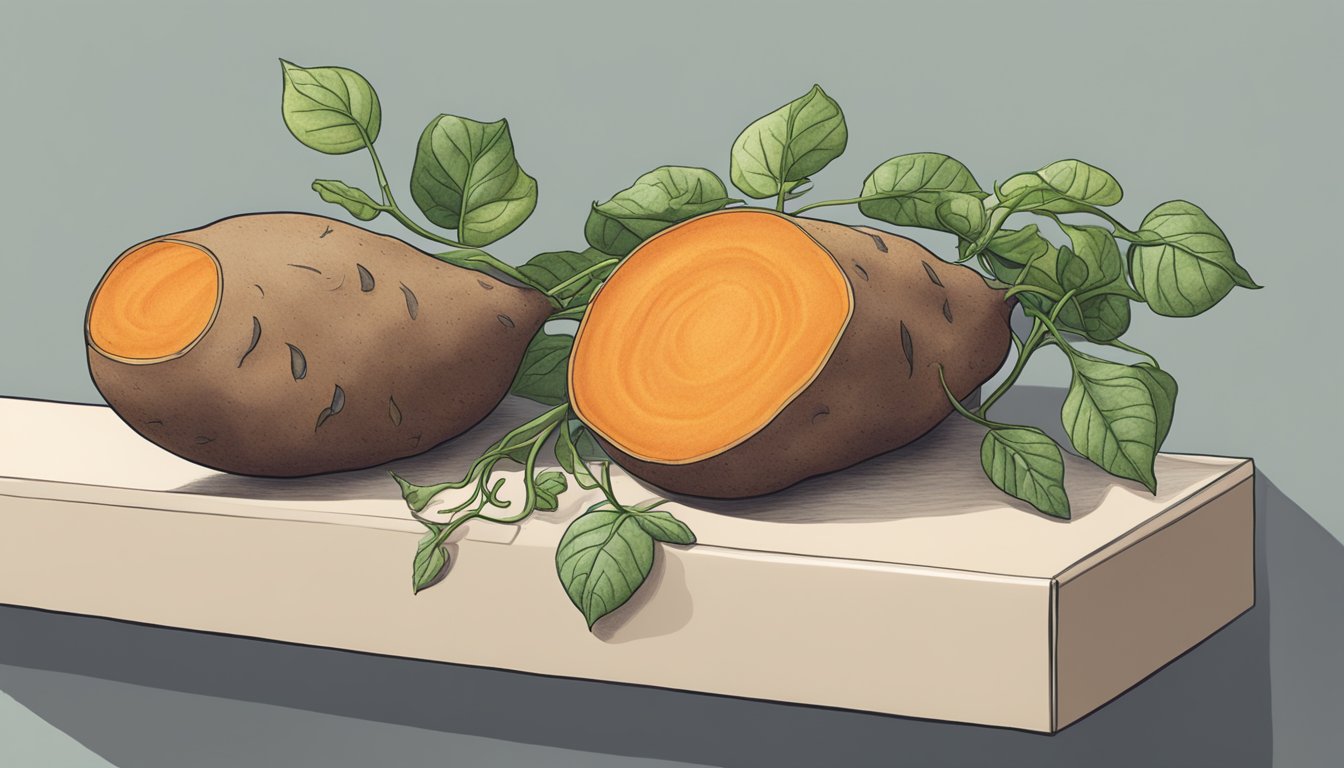 A sweet potato with sprouting vines, sitting on a kitchen counter