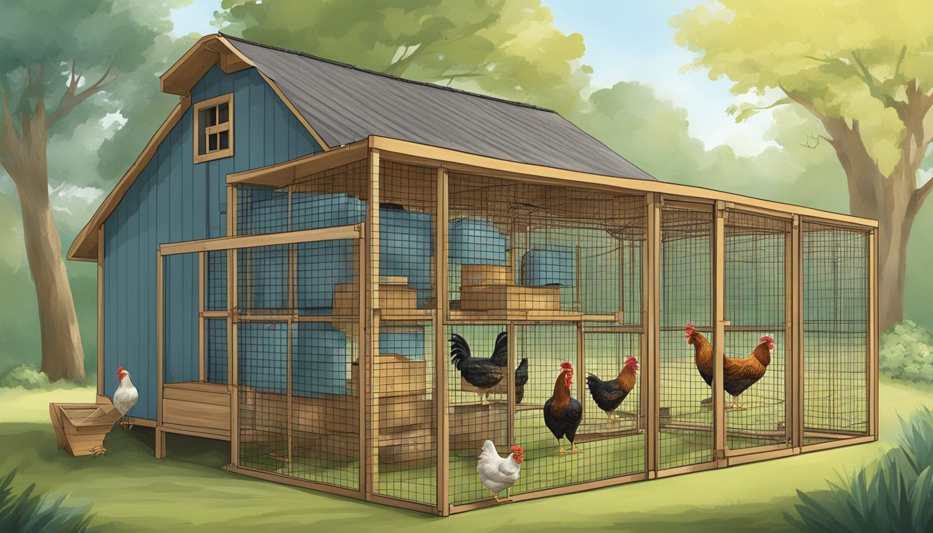 Chickens pecking at feeders and waterers in a compact coop with nesting boxes and perches