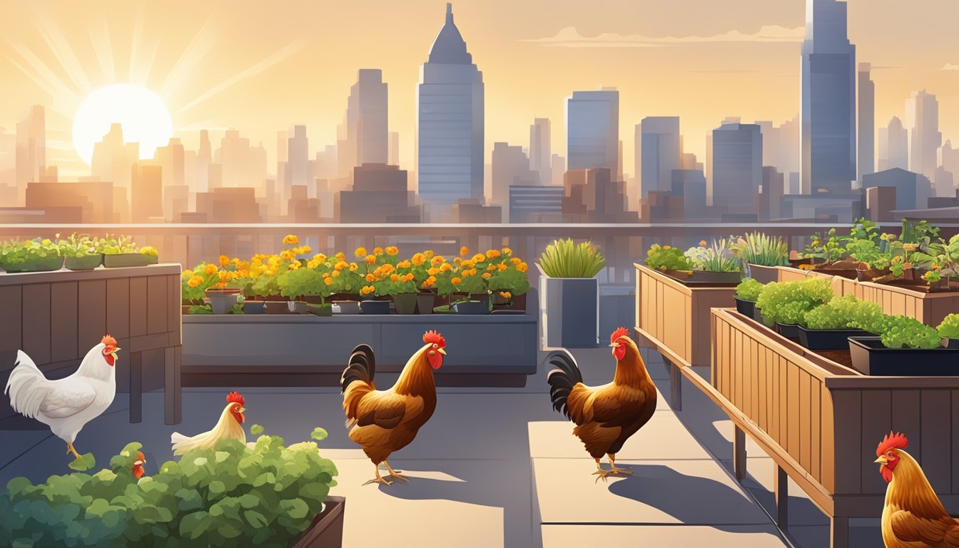 A rooftop garden with a variety of lightweight chicken breeds roaming freely among planters and coop. The sun is shining, and the city skyline is visible in the background