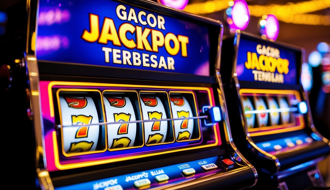 Sebuah mesin slot yang cerah dengan lampu berkedip dan gulungan berputar, menampilkan kata-kata "gacor jackpot terbesar" dalam huruf tebal