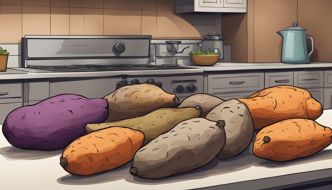 A pile of sweet potatoes on a kitchen counter, some with soft spots and mold, while others appear firm and healthy