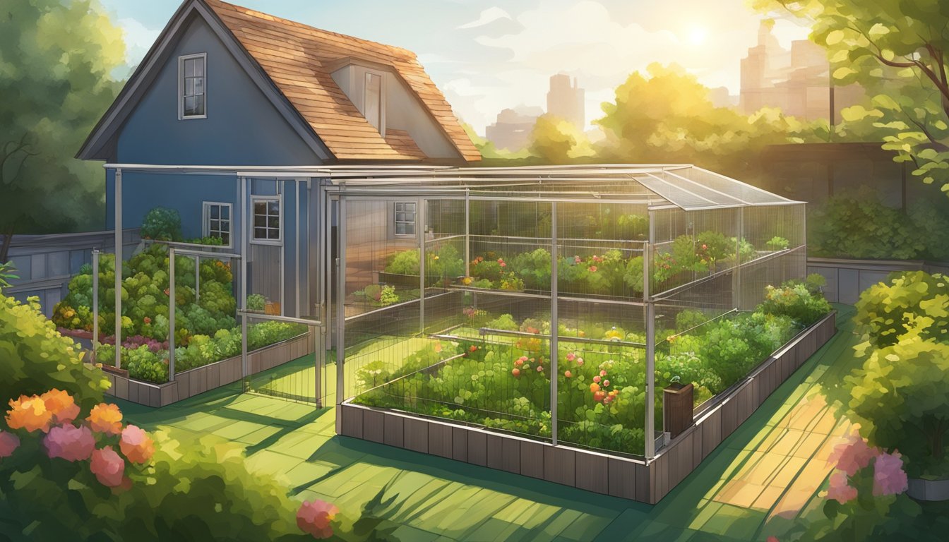 A rooftop garden with secure fencing around chicken coop, surrounded by greenery and sunlight