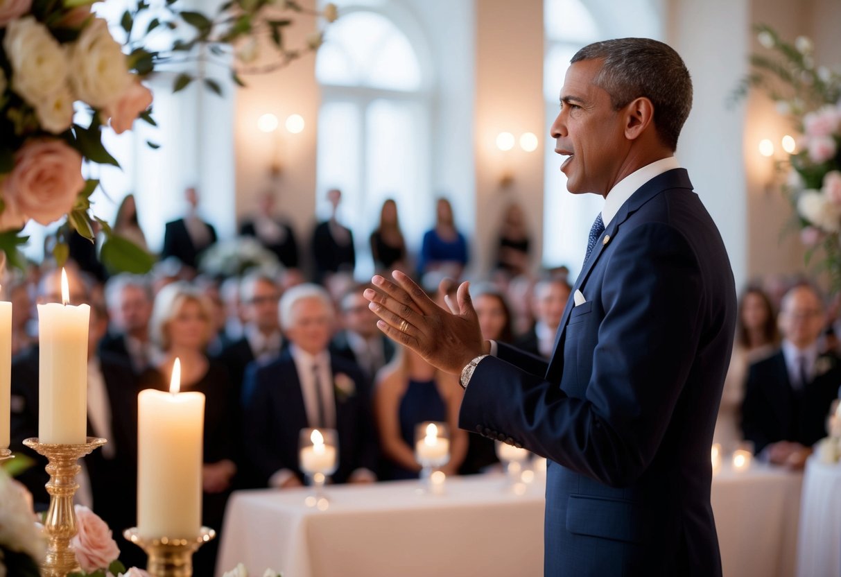 A figure stands before a crowd, speaking with emotion and sincerity. The setting is elegant and romantic, with flowers and candles adorning the space