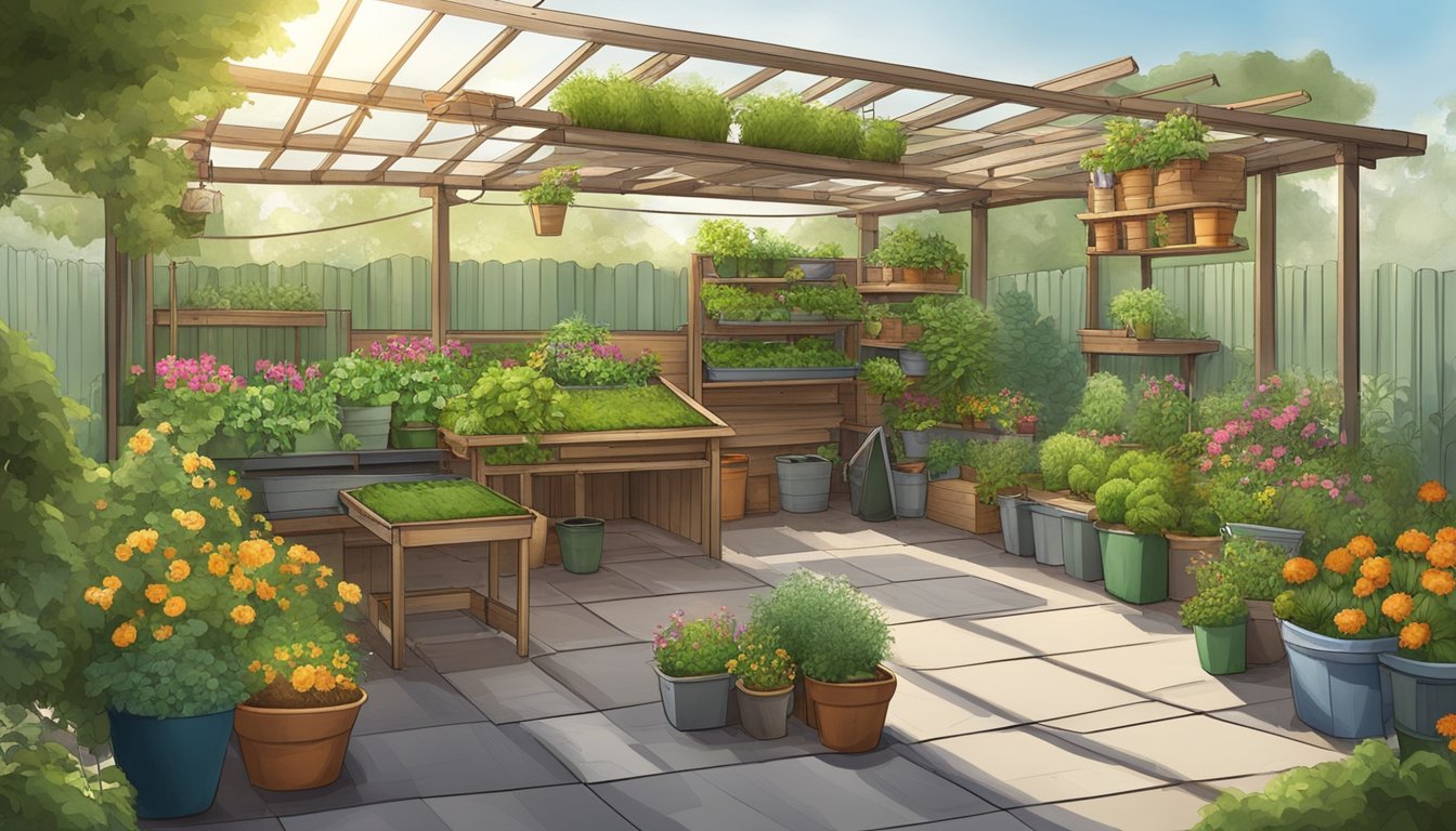 A rooftop garden with a coop and nesting boxes, surrounded by potted plants and a canopy providing shade for the chickens