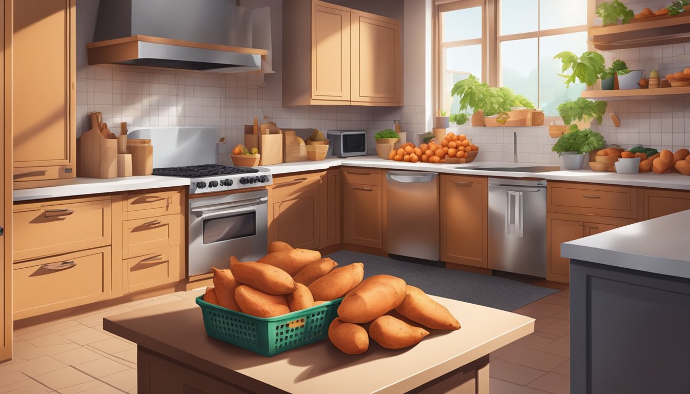 A pile of fresh sweet potatoes sits on a kitchen counter, surrounded by a variety of storage options such as a pantry, refrigerator, and cellar