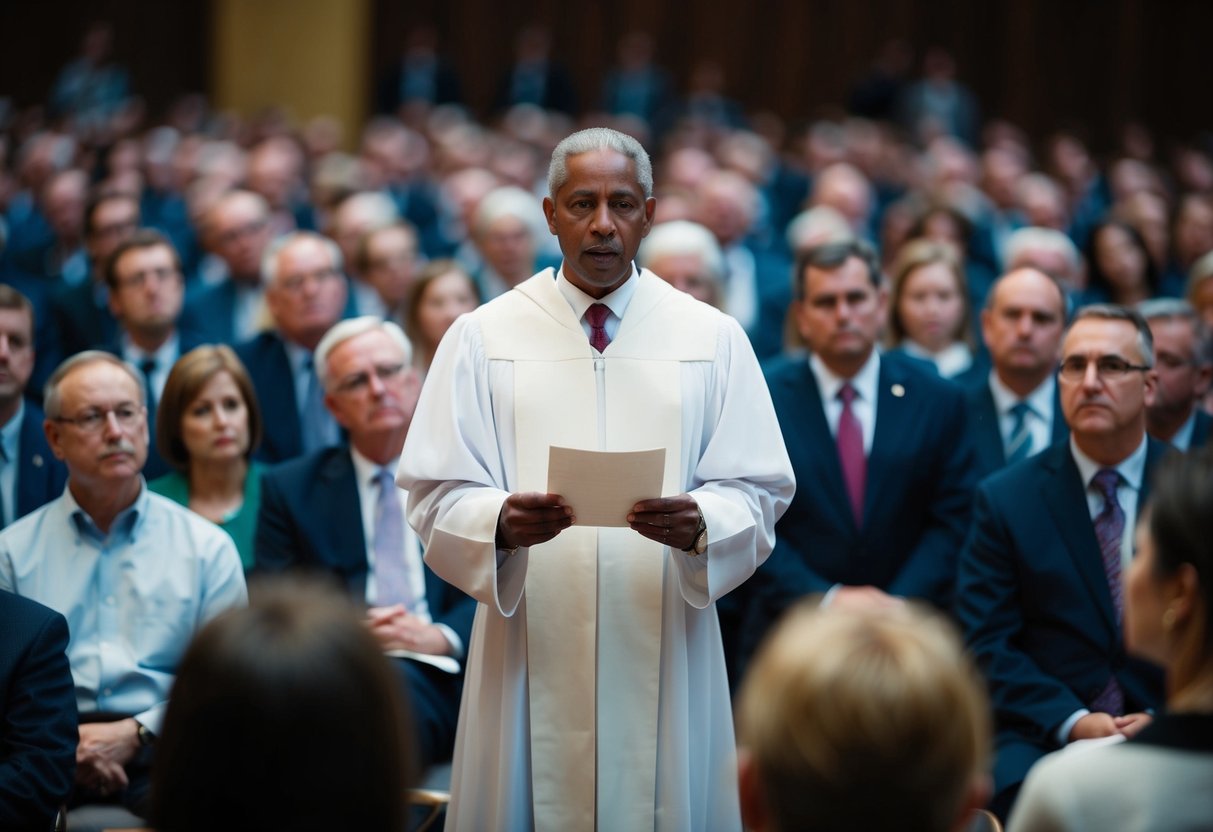 A figure stands at the center of a gathering, holding a piece of paper and speaking with solemnity. The audience listens attentively