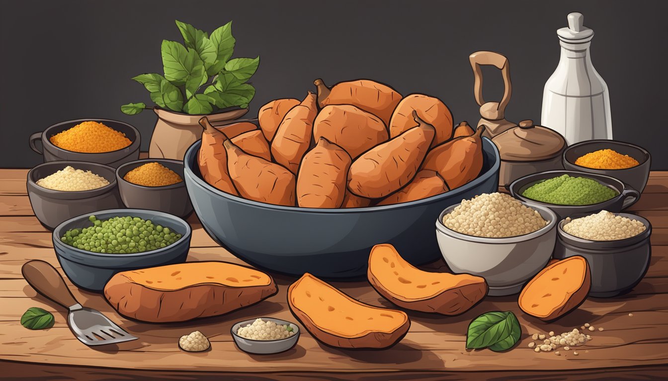 A pile of sweet potatoes on a rustic wooden table, some whole and some sliced, surrounded by various cooking ingredients and utensils