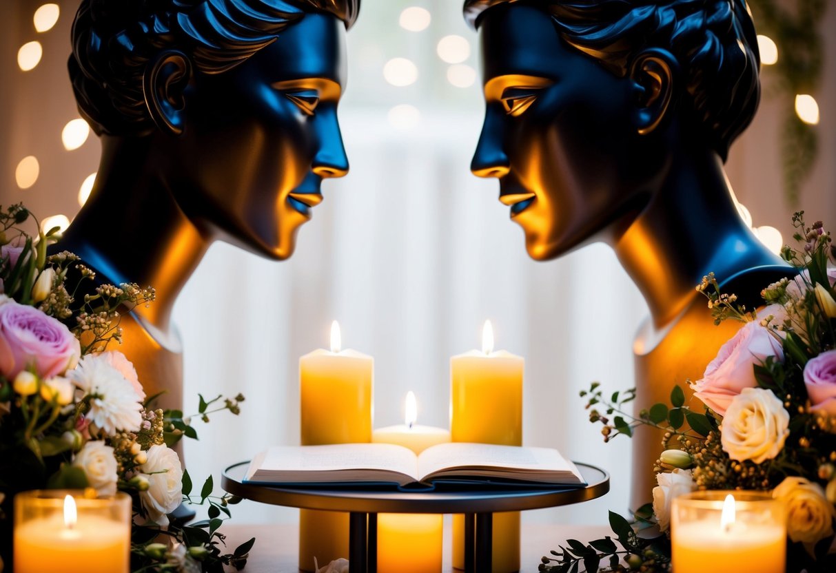 Two figures face each other, surrounded by flowers and candles. A small table holds a book or paper for reading vows