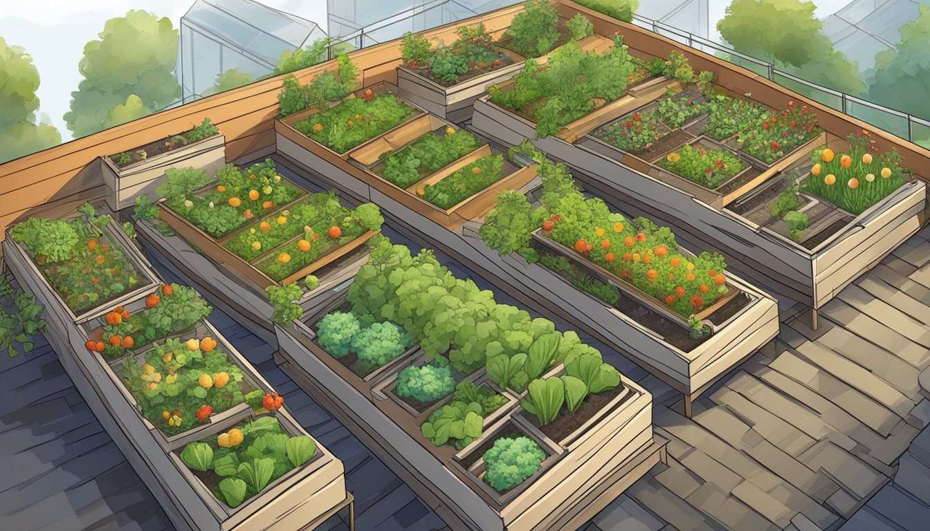 A rooftop garden with eight chicken coops, each equipped with a drainage system. Plants and vegetables thrive in raised beds, surrounded by a network of rain gutters and pipes