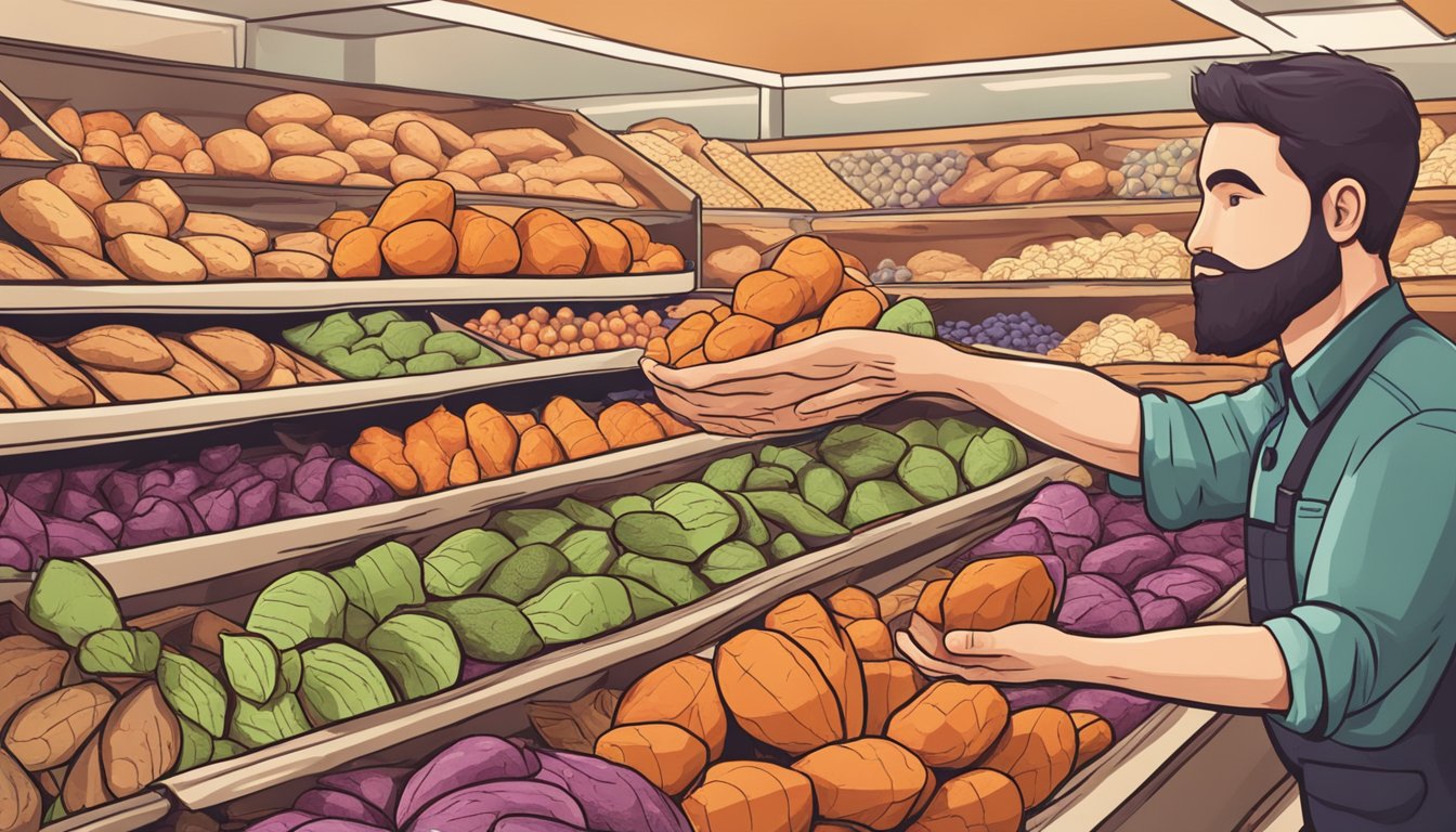 A hand reaching for a pile of sweet potatoes in a grocery store, with various options displayed for selection