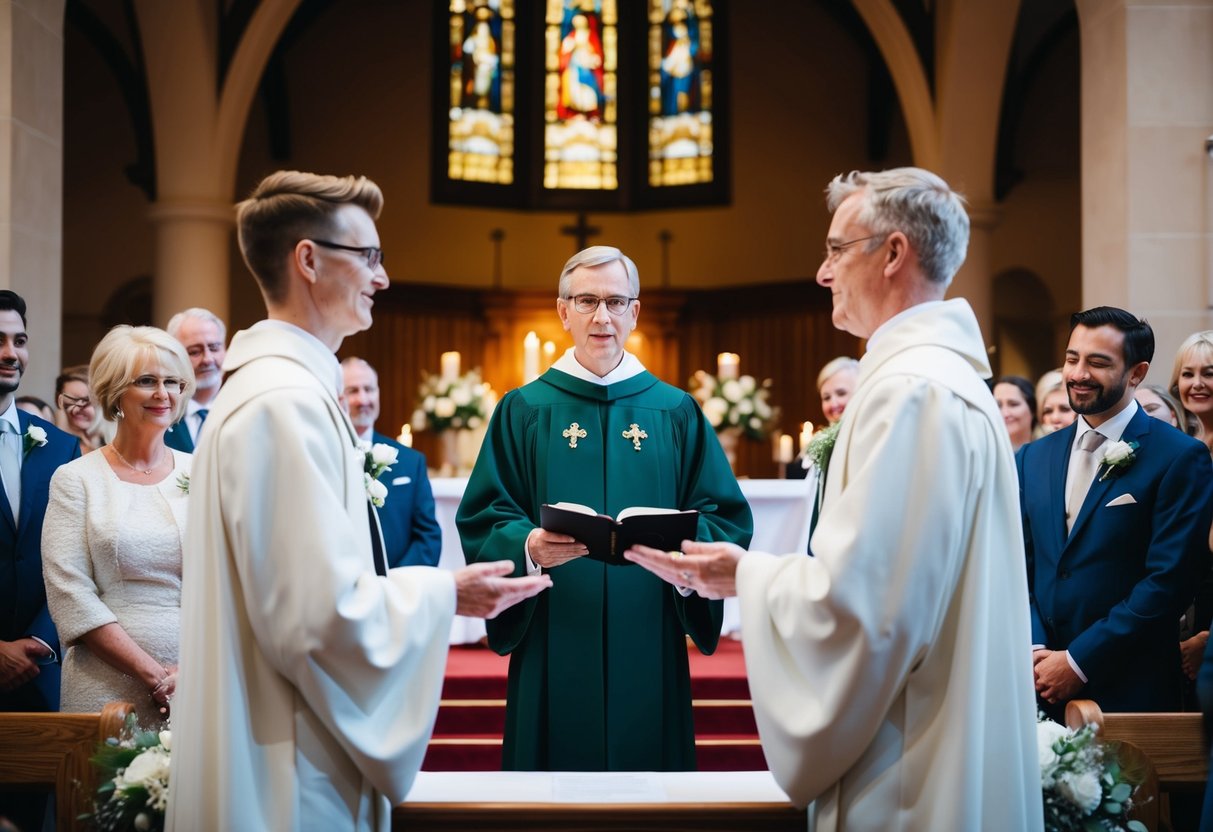 A figure stands at the altar, facing the couple. Guests watch as the figure speaks, guiding the exchange of vows