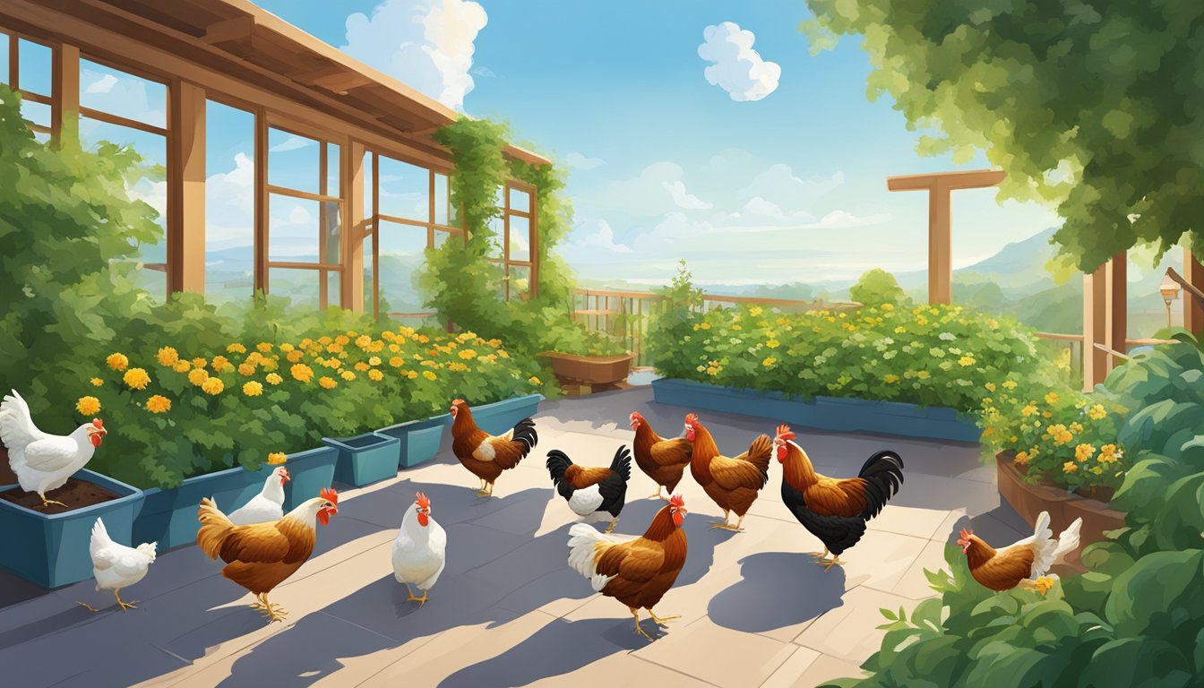 A rooftop garden with eight laying hens peacefully pecking at their balanced feed, surrounded by lush greenery and a clear blue sky