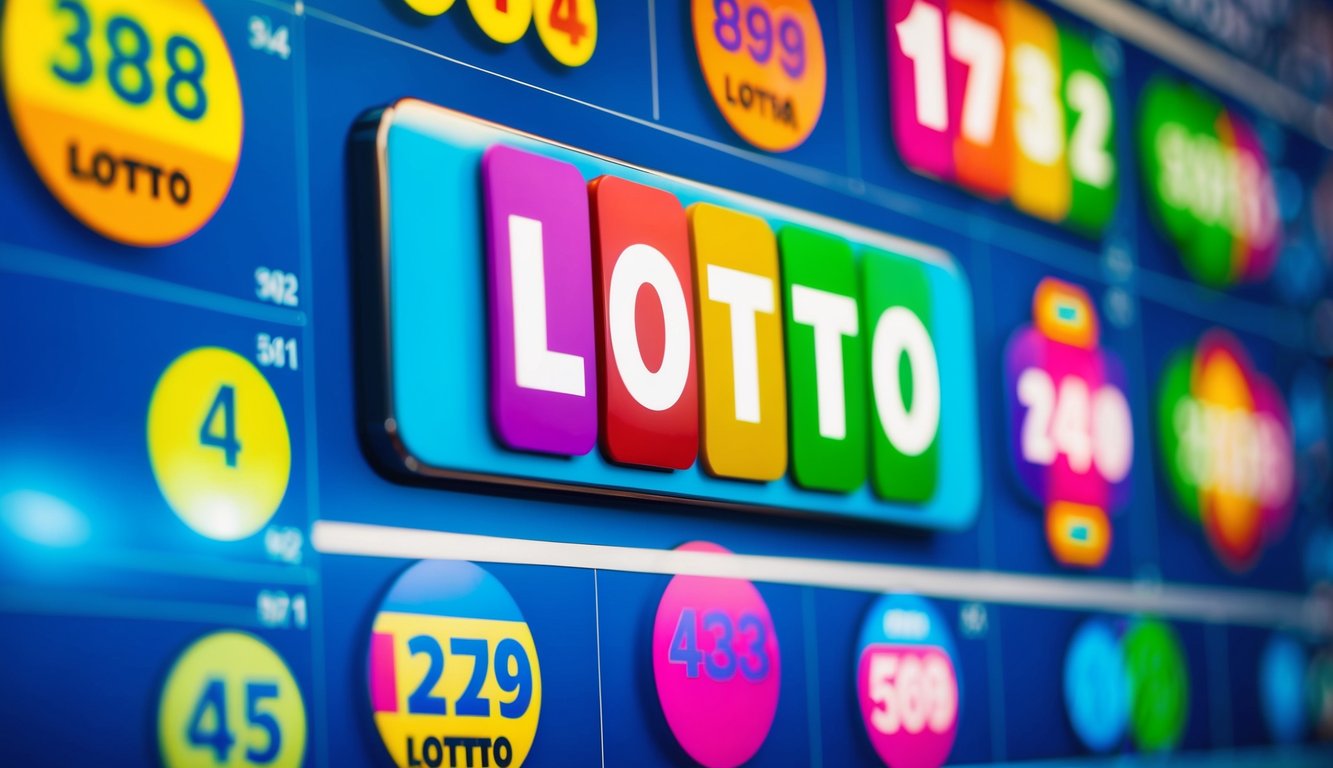 Antarmuka digital yang berwarna-warni dan hidup menampilkan berbagai nomor lotto dan grafik, dengan desain yang ramping dan modern