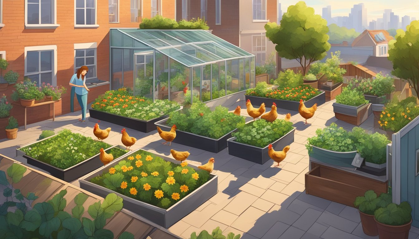 A rooftop garden with chickens roaming freely, surrounded by potted plants and a small coop. A person is conducting regular health checks on the chickens