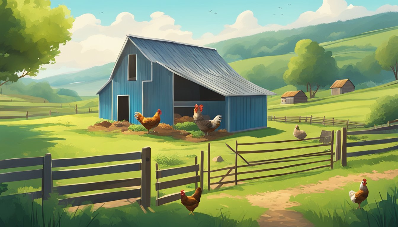 A small farm with a chicken coop and compost pile surrounded by lush green fields and a clear blue sky