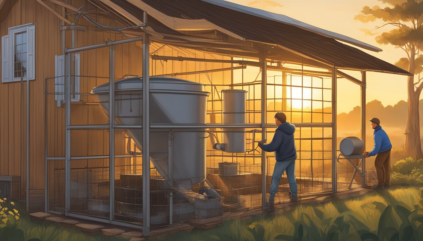 A person filling chicken feeders and waterers at dawn. Sunrise light illuminates the coop and surrounding area