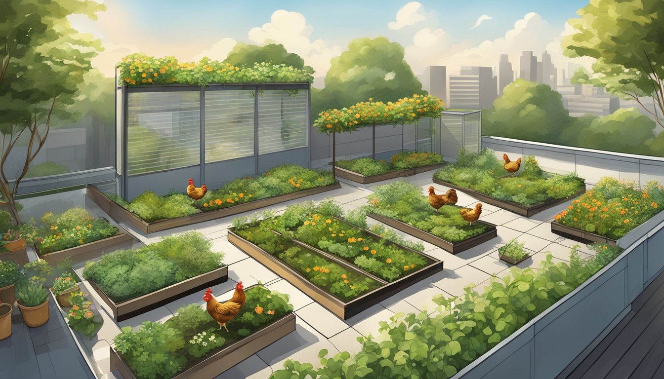 A rooftop garden with eight chickens roaming freely, surrounded by noise reduction panels to create a peaceful and serene environment