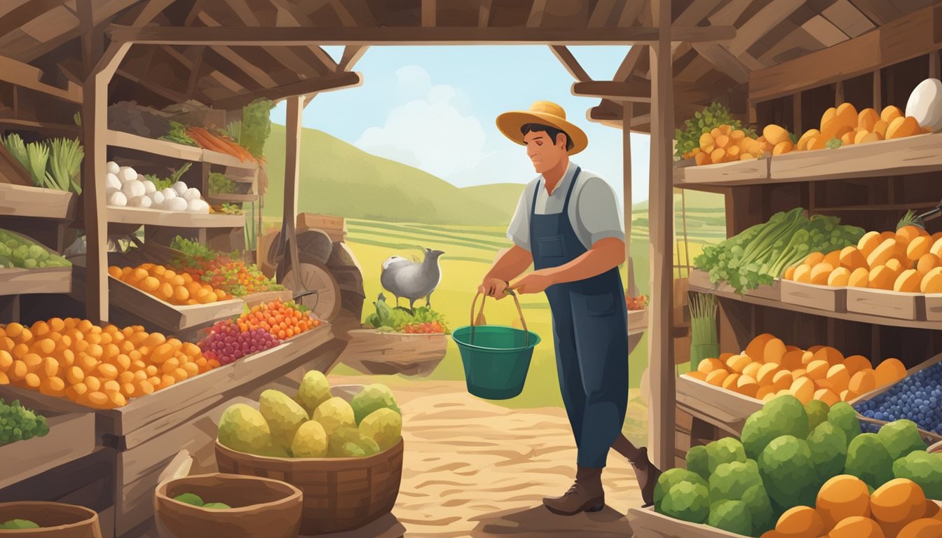 A farmer exchanging eggs for supplies at a rural market, surrounded by baskets of fresh produce and various farming tools