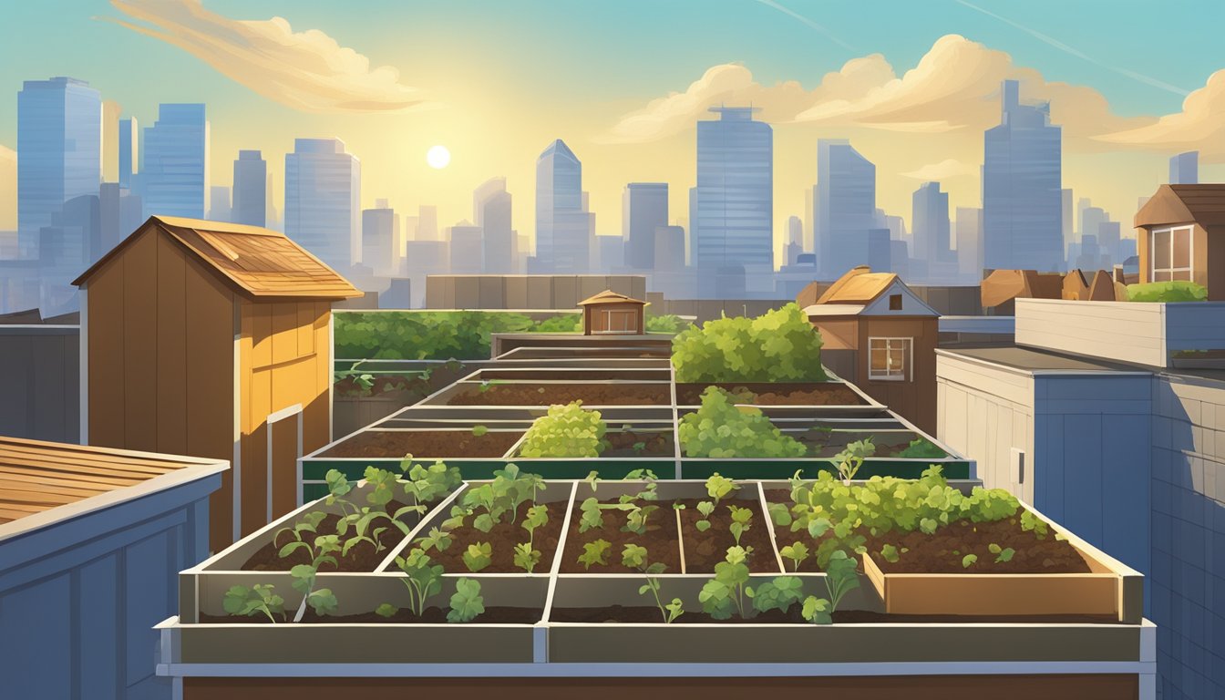 A rooftop garden with raised chicken coops, nesting boxes, and a small vegetable patch. A sunny day with blue skies and a city skyline in the background