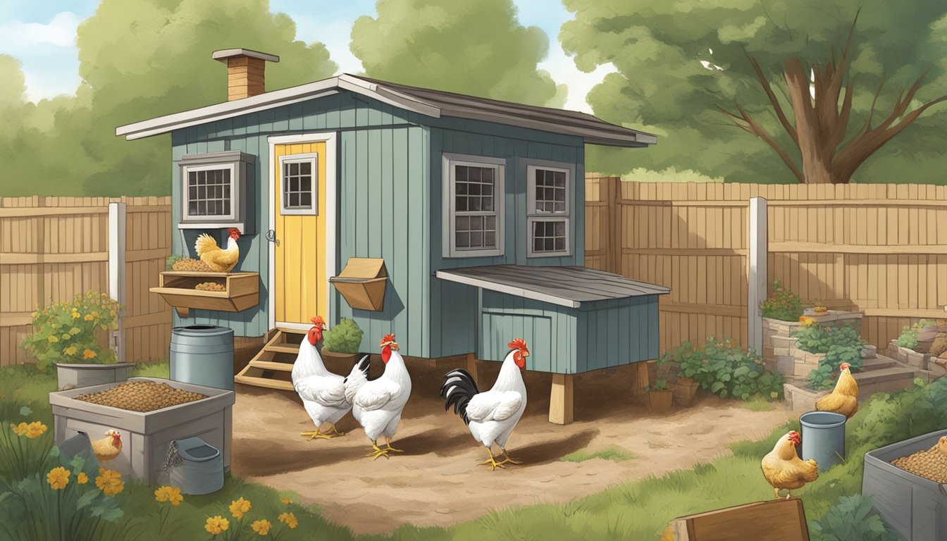 A small backyard coop with chickens pecking at feed, a water dispenser, and a nesting box. A person in work clothes tends to the chickens