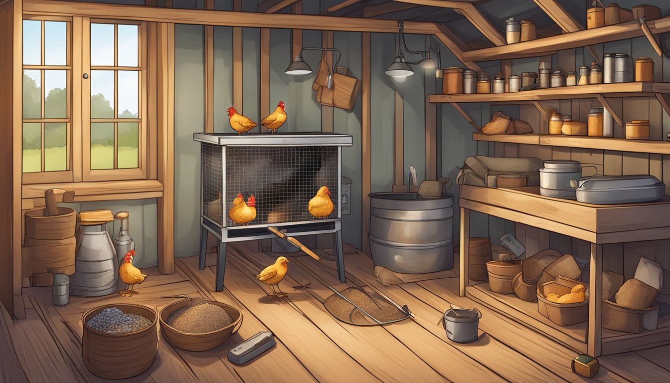 A cozy chicken coop with a timer set for the heater, surrounded by various tools and supplies for raising chickens efficiently