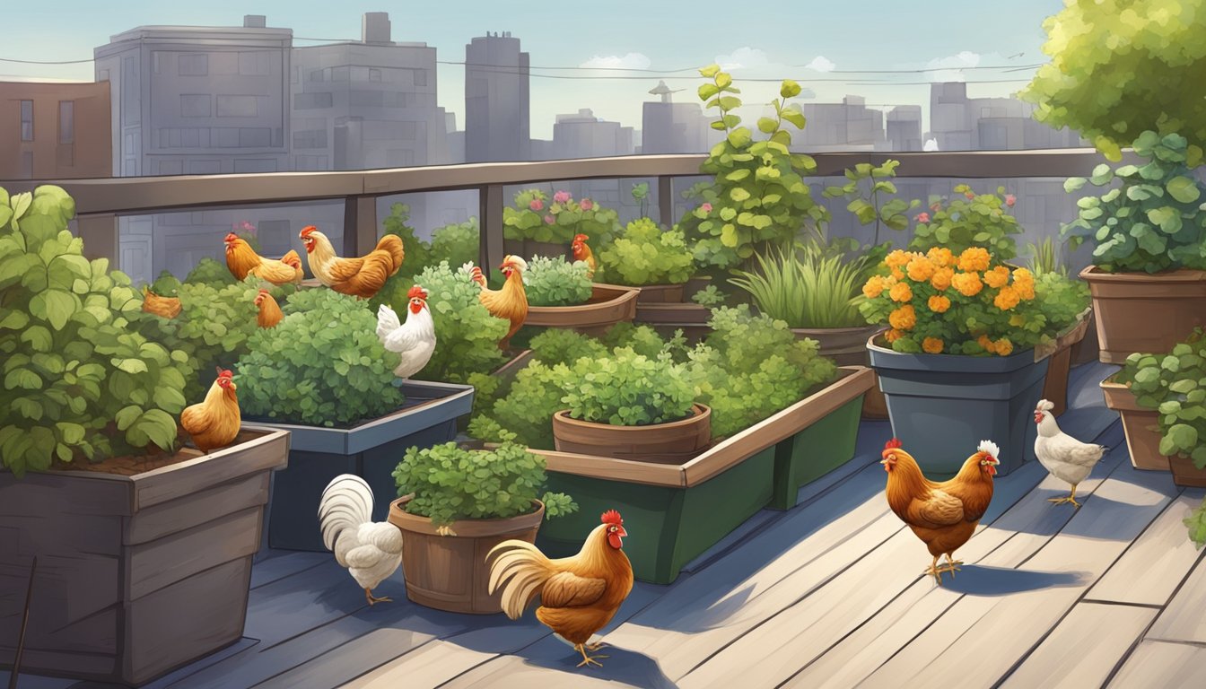 A rooftop garden with eight chickens roaming freely, surrounded by potted plants and a small coop for shelter