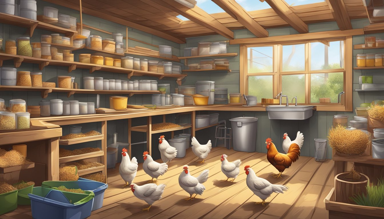 A bustling weekend scene of a clean chicken coop with organized supplies and a schedule pinned to the wall