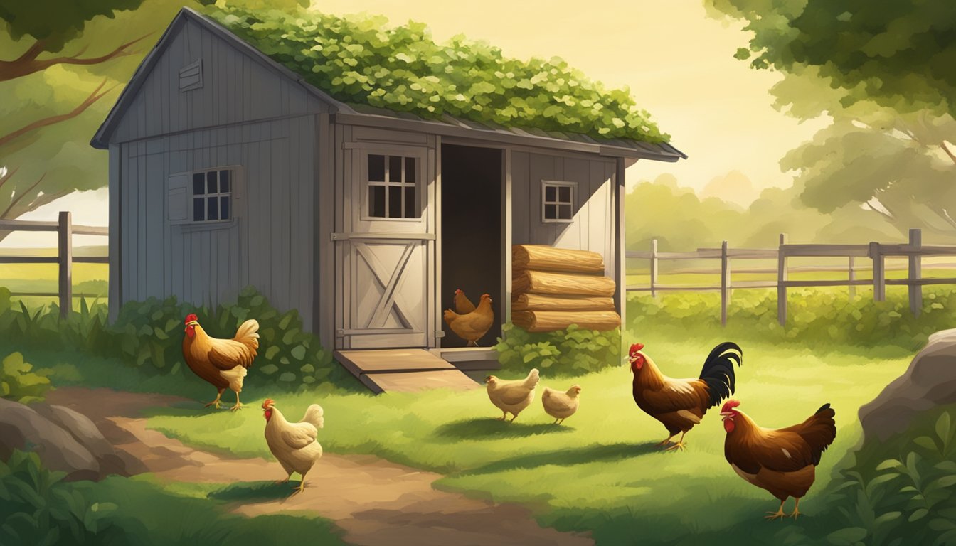 A small, rustic chicken coop surrounded by a lush, green pasture. A farmer tends to the chickens, feeding them from a large sack of feed