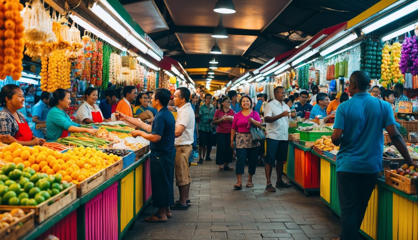 Pasar yang ramai dengan stan berwarna-warni menjual berbagai barang, dikelilingi oleh pelanggan yang antusias dan penjual yang memanggil barang dagangan mereka.