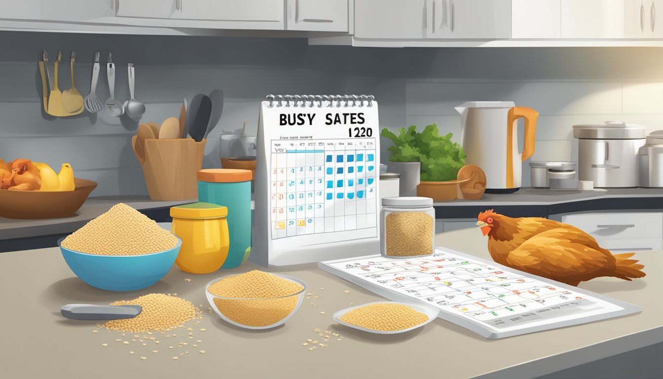 A busy kitchen counter with various containers of chicken feed, a calendar with marked dates, and a clock indicating a busy schedule