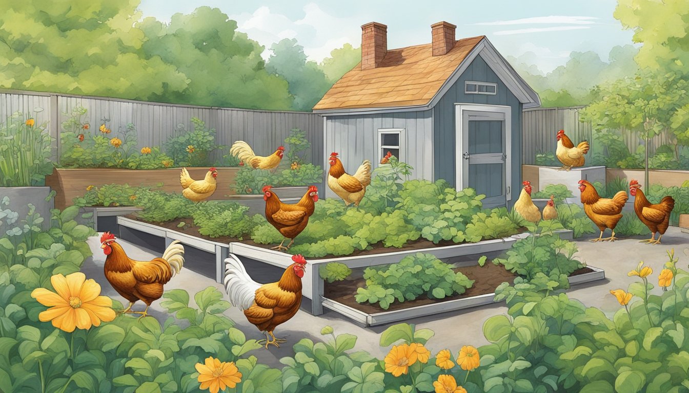 Chickens roam freely in a rooftop garden, scratching at the soil and pecking at insects among the vibrant greenery. A coop provides shelter, while the chickens contribute to the garden's ecosystem