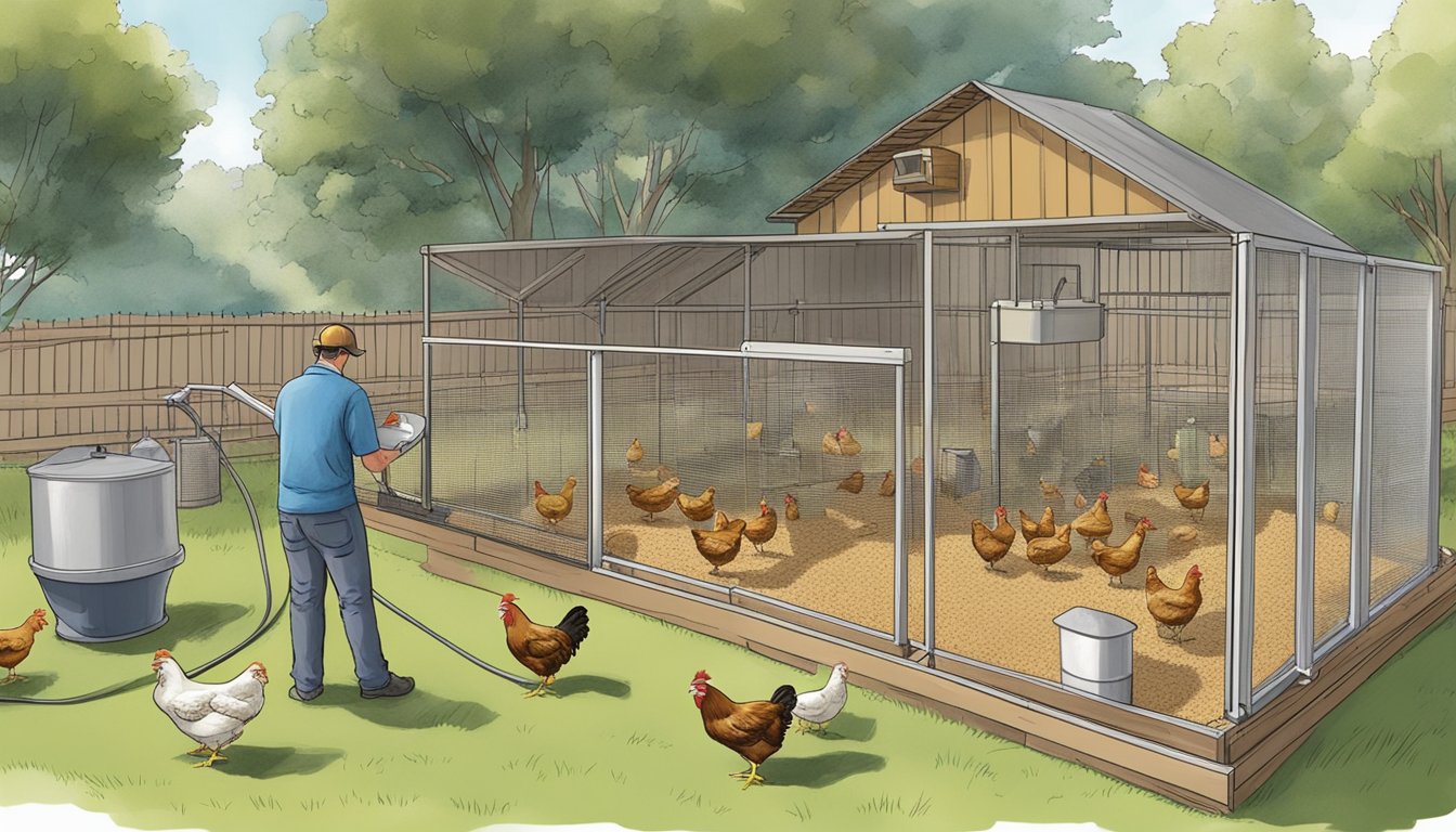 A busy person setting up an automated feeding and watering system for free-range chickens in a backyard coop