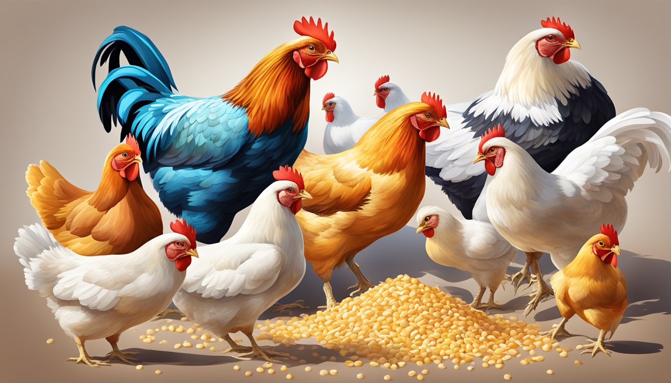 A group of vibrant, healthy chickens pecking at a feed mixture containing calcium carbonate and essential vitamins and minerals