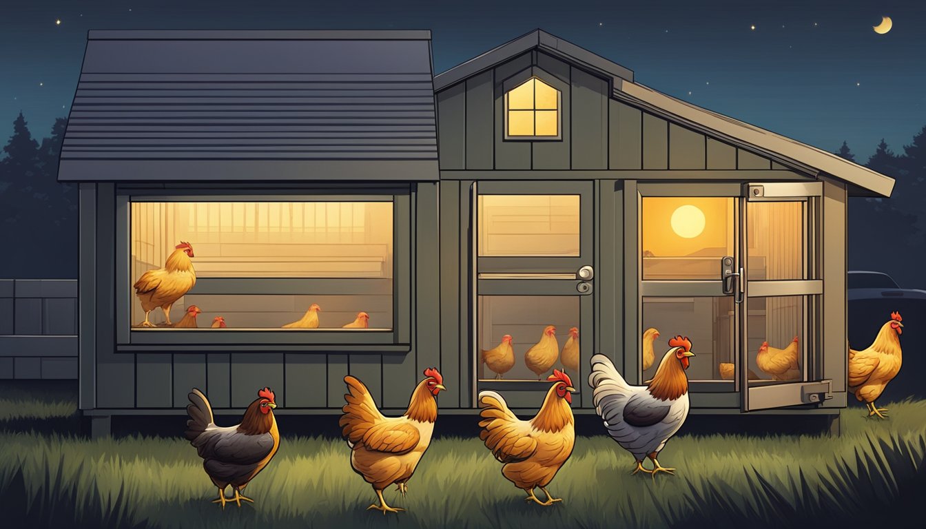 A chicken coop with an automatic door closing at dusk, surrounded by a busy schedule