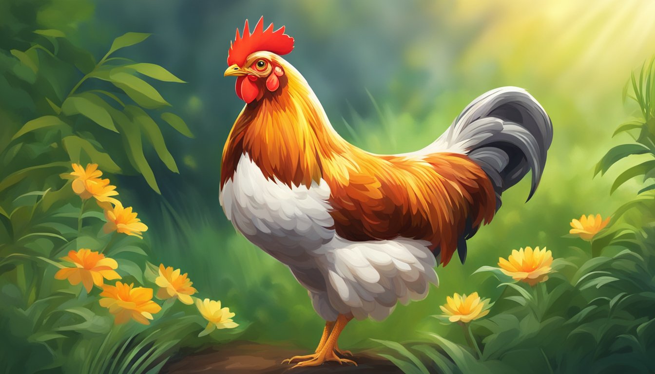 A cheerful chicken with bright red comb and wattles, surrounded by lush greenery and basking in the warm sunlight