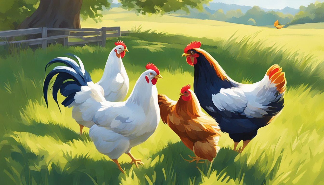 A group of vibrant, healthy chickens pecking and foraging in a sunlit, grassy yard